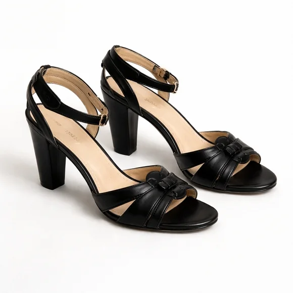Coach Size 7.5B Black Leather Ankle Strap Block Heels - Picture 3 of 10